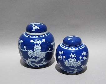 Vintage Blue & White Ginger Jars Pair Japanese Cherry Blossom Prunus Pattern Large and Medium Lidded Ginger Jars Asian Decor