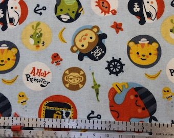 Blue Bubble Ahoy Matey Pirates monkeys cats owls elephants crabs more 100% cotton fabric 42-44" wide