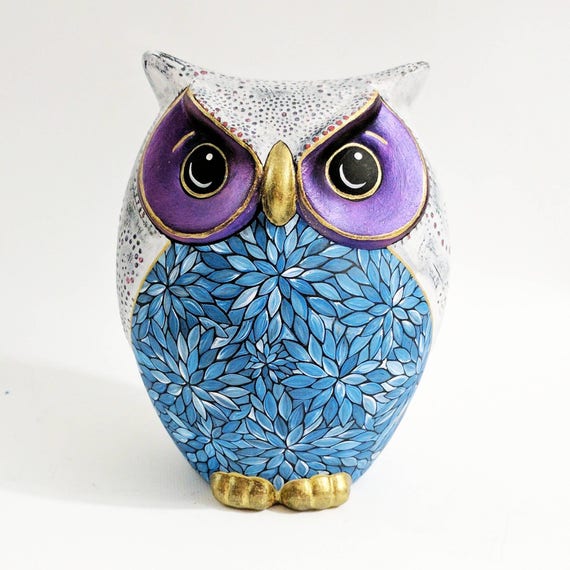 Owl Coin Bank:Hand Painted Colorful Owl Coin Bank Piggy Bank blue white purple ooak owl