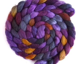 Polwarth/Silk Roving - Handpainted Spinning or Felting Fiber, Black Hollyhocks