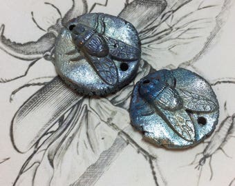 13. Wondrousstrange Raku Fly Two Hole Connectors Flies to Honey Blue Silver Gold