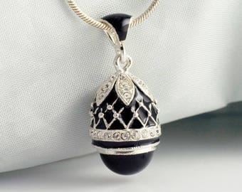 Jewelry Necklace w Onyx, Collectible Gothic Egg Pendant Sterling Silver Swarovski Crystals Black Enamel Unique Gift for Her Evening Jewelry