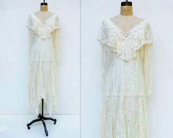 Flapper Wedding Dress Boho Wedding Dress 80s Wedding Dress Lace Wedding Dress Tea Length Wedding Downton Abbey Dress Handkerchief Hem L