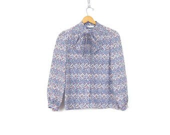 1970s Secretary Blouse Purple Button Up Print Pattern Top Blouse Long Sleeve Ascot Bib Tie Blouse Retro Peasant Revival Shirt Womens Large