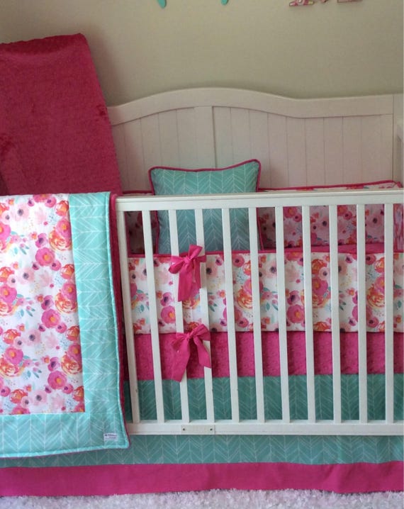 Baby Bedding Crib Set Pink Aqua Teal Watercolor Floral
