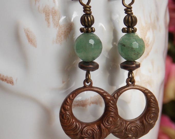 Green Earrings Aventurine Brass Earrings Boho Earrings Bohemian Earrings Dangle Drop Earrings Textured Earrings Rustic Jewelry