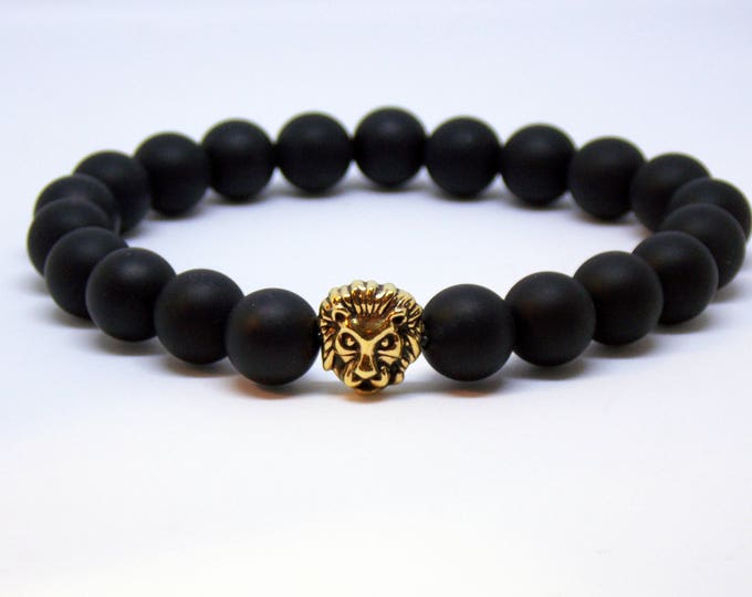 Mens Bracelet, Gold Lion Head Bracelet, 10mm Matte Agate Gemstone Beaded Bracelet, Mens Jewelry, Rocker Bracelet, Woodland Bracelet