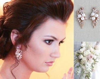 Crystal Bridal earrings, Rose Gold earrings, Bridal jewelry, Pearl earrings, Wedding jewelry, Simple earrings, Swarovski earrings, MIA