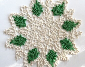 Green Leaf Leaves Crocheted Doily