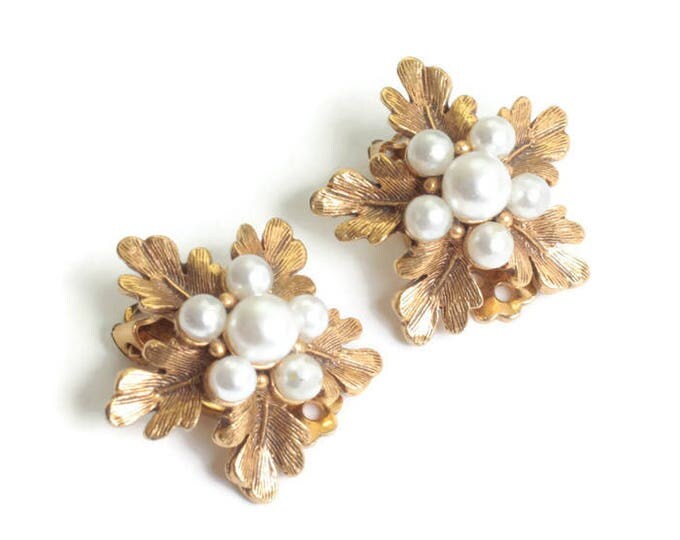 Florenza Faux Pearls Leaf Earrings Gold Tone Clip On As Is