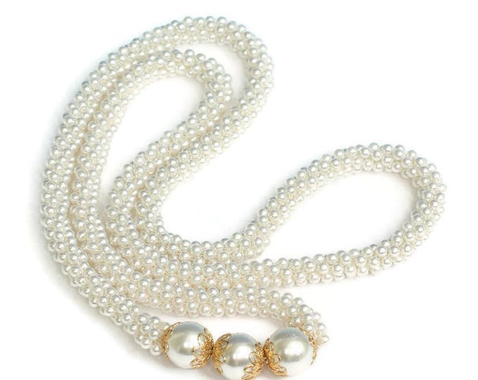 Faux Pearl Woven Necklace Long Flapper Style Gold Tone Accents