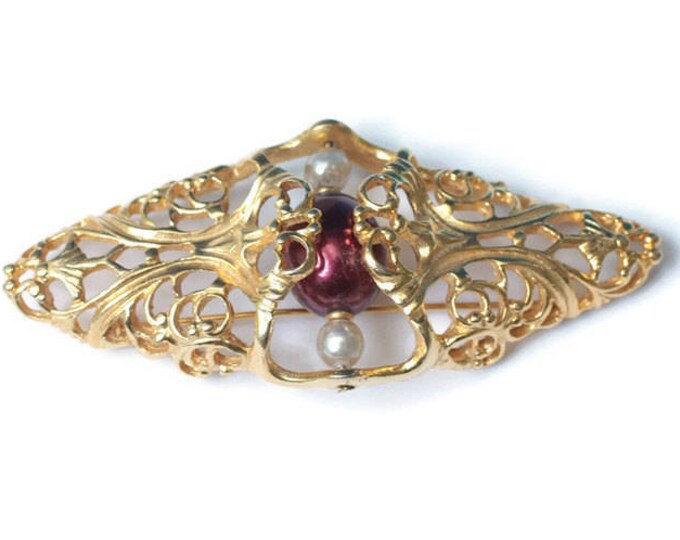 Napier Faux Pearl Filigree Brooch Diamond Shaped Burgundy Pearl Book Piece 1985 Chunky Bold