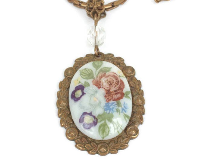 Floral Porcelain Transfer Pendant Necklace Floral Brass Setting Czech Vintage