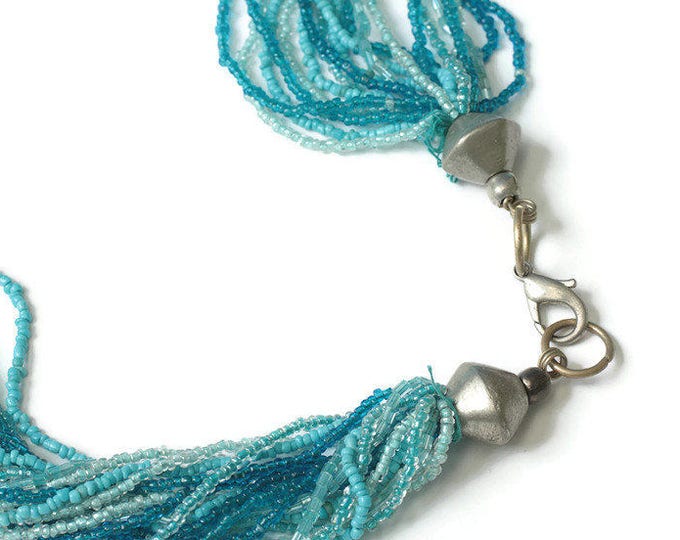 Aqua Turquoise Glass Beaded Necklace Multi Strand Runway Tassel Necklace Vintage