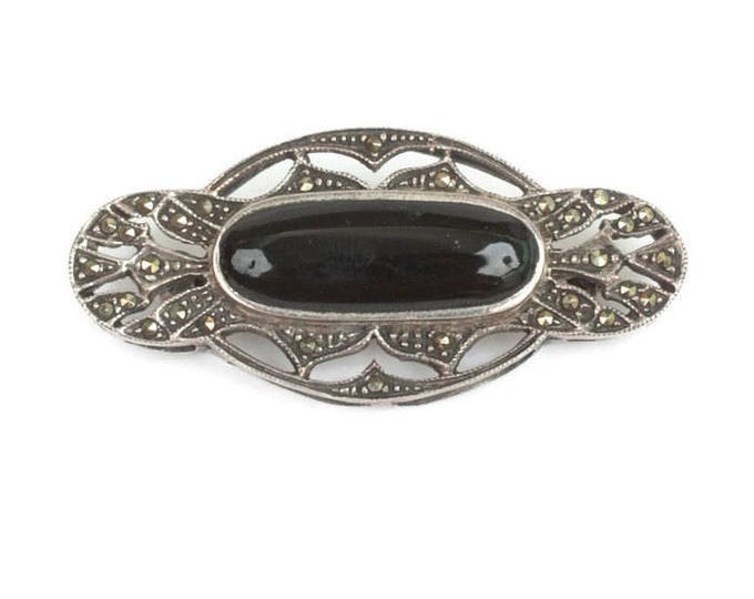 Art Deco Style Black Cabochon Brooch Marcasites Sterling Silver Oval Shape Cut Outs Vintage