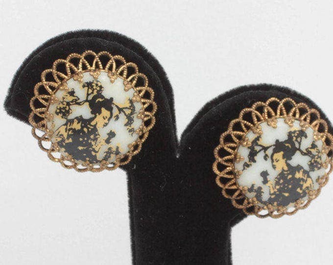 Japanese Geisha Earrings Cherry Blossoms Black and Gold W Germany Clip Style