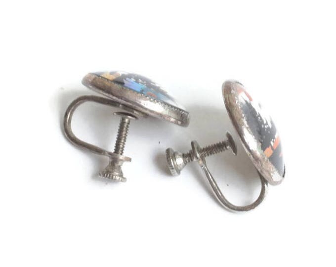 Butterfly Wing Earrings Lake Mountain Scene Screw Back Sterling Silver Tone Vintage