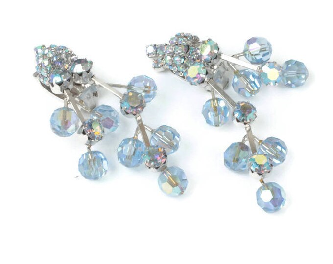 Blue AB Crystal Dangle Earrings Rhinestones Chandelier Wedding Something Blue Vintage