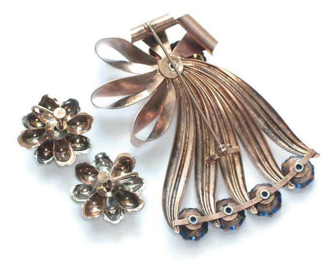 Vermeil Sterling Blue Stone Set Retro 1940s Brooch Earrings Ribbons Bow Design Original Box