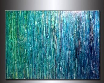 Abstract Painting, Contemporary Fine Art, Modern Blue, Green Abstract by Henry Parsinia Oversize 48X36