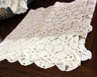 Two Tone Ecru, Hand Crochet Runner, Crocheted Table Scarf, Hand Made, Vintage Linens 13983