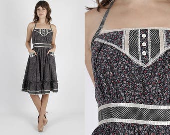 Gunne Sax Dress Black Dress Calico Print Bohemian Dress Boho Dress Corset Sun Dress Vintage 70s Tiny Floral Hippie Prairie Sun Mini Dress S