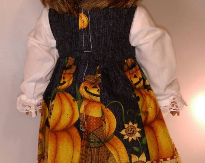 Fall blue sleeveless doll dress with pumpkins and scarecrows with blouse fits 18 inch dolls