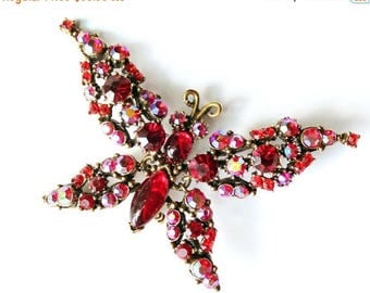 20% OFF SALE - FLORENZA Siam Cabochon and Rhinestone Trembler Butterfly Brooch