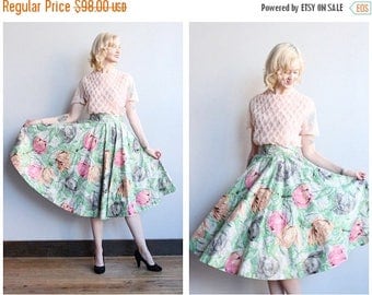 20% Off Sale // 1950s Skirt // Madeline Moore Floral Gold Flocked Skirt // vintage 50s circle skirt