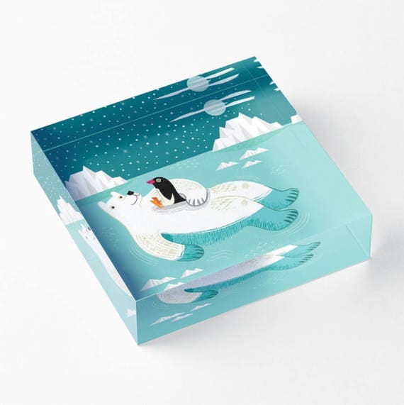 Hitching A Ride - Polar Bear and Penguin - Acrylic 'Ice' Block - Children's Decor - Kids room - Nursery Decor - 6" x 6" - iOTA iLLUSTRATION