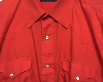 Vintage red western shirt men's L large, long sleeve western snap shirt, cowboy rodeo red dress shirt, Rockabilly red pearl snap Large 48 XL