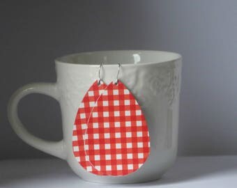 Red White Checkered Gingham Leather Teardrop Drop Earrings