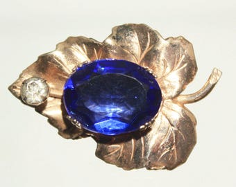 Small Gold Wash Sterling Silver Lapel Pin, Sapphire Blue Faceted Glass Stone, Silver Leaf Brooch