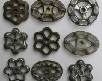 Vintage faucet Handles-Set of 9 Silver/Grey Industrial -Funky Distressed Handles-Shipping Special-Garden Water Faucet Knobs-