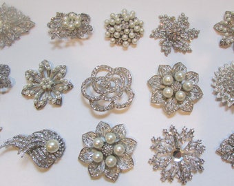 Rhinestone Brooch Lot Mixed 15 pieces Pearl Crystal Wedding Brooch Bouquet Brooch Bridal Button DIY Kit