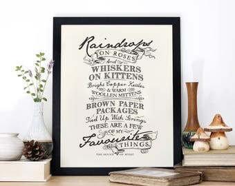 The Sound of Music Quote Print - Nursery Decor - Raindrops on Roses Screen Print - Film Quote Art - Newborn Gift - Typography by Chatty Nora