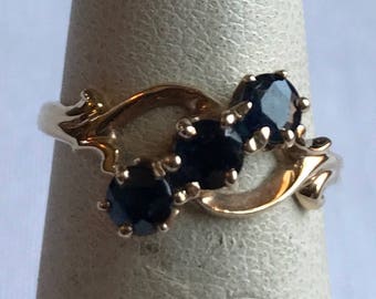 10 K Yellow Gold Ring With Three Deep Blue Stones-Size 5