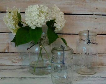 Glass Canning Jars, Set of Three Ball, Atlas Wire Bale Jars, Storage, Antique, Vintage, Farmhouse, Fixer Upper Style Home decor