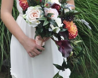 Wedding Bouquet, Wildflower Bouquet made with Marsala Ranunuculus, Dahlias, Lavender, Roses, and Ruscus with Berries and Eggplant Callas.
