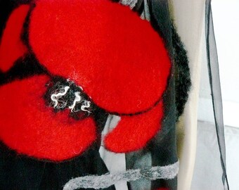 Felted scarf Nuno felt shawl silk and wool , Black and white