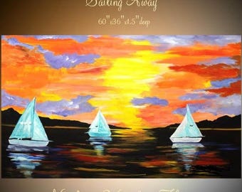 SALE Enormous Abstract painting,Original comtemporary Art,Sailing Away Ready to hang 60" X 36" by Nicolette Vaughan Horner