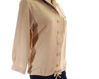 Vintage 70s Beige Brown Wool Blend Drawstring Shirt Jacket UK 10 US 8