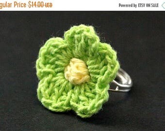 BACK to SCHOOL SALE Lime Green Knit Flower Ring. Green Flower Ring. Crochet Flower Ring. Silver Adjustable Ring. Handmade Jewelry.