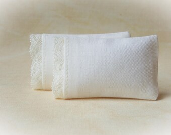 Dollhouse Miniature Set of 2 Ivory Pillows with Floral Lace Trim - 1/12 scale