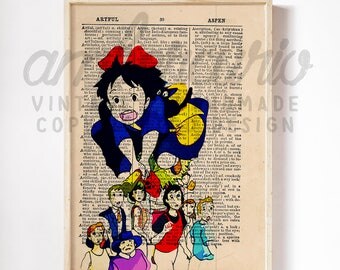 Kiki's Delivery Service Studio Ghibli Inspired Witch Adventure Print on an Antique Unframed Upcycled Bookpage