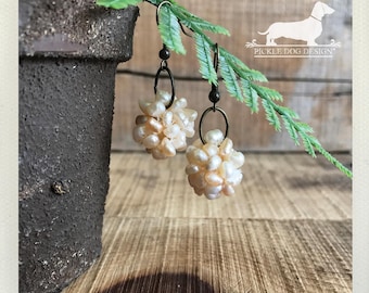 Peach Pearl Cluster. Dangle Earrings -- (Vintage-Style, Beads, Lovely, Romantic, Simple, Wedding Jewelry, Bridesmaid Gift For Her Under 10)