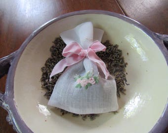 Sachet, Hand Embroidered, Silk Ribbon, Lavender