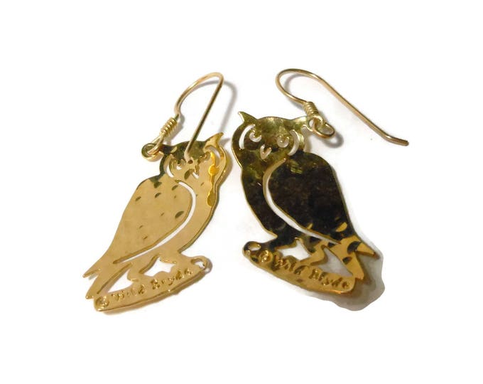FREE SHIPPING Wild Bryde owl earrings, gold-plated, barn hoot owl, finely detailed etching, cutout work, pierced french hook, hammered gold