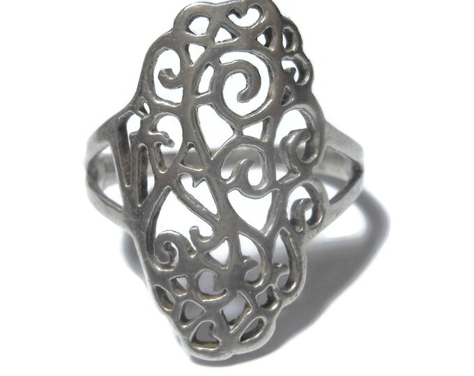 Sterling silver filigree ring, open scroll work, vintage size 8 925 silver