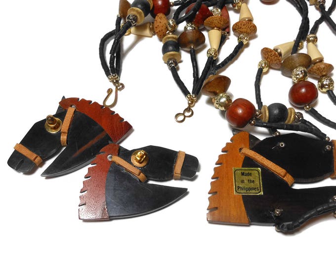 FREE SHIPPING Wooden horse necklace and earrings, lightweight beads, carved tribal style, browns creams, boho ethnic statement ranch cowgirl